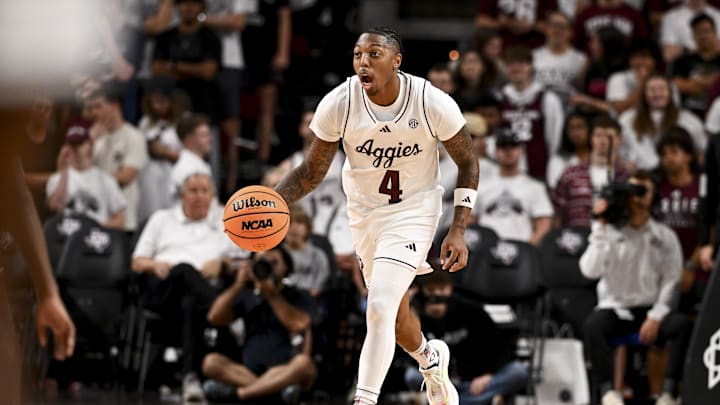 Nov 8, 2024; College Station, Texas, USA; Texas A&M Aggies guard Wade Taylor IV (4) dribbles the ball during the first half against the East Texas A&M at Reed Arena. Mandatory Credit: Maria Lysaker-Imagn Images Nov 8, 2024; College Station, Texas, USA; Texas A&M Aggies guard Wade Taylor IV (4) dribbles the ball during the first half against the East Texas A&M at Reed Arena. Mandatory Credit: Maria Lysaker-Imagn Images