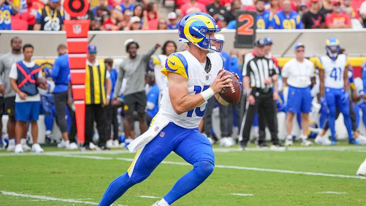 Aug 15, 2026; Kansas City, Missouri, USA; Los Angeles Rams quarterback Ty Simpson (15) drops back to pass against the Kansas City Chiefs during the first half of the pre season game at Arrowhead Stadium. Mandatory Credit: Denny Medley-Imagn Images
