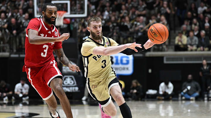  Purdue Boilermakers guard Braden Smith passes the ball away from Nebraska Cornhuskers guard Brice Williams