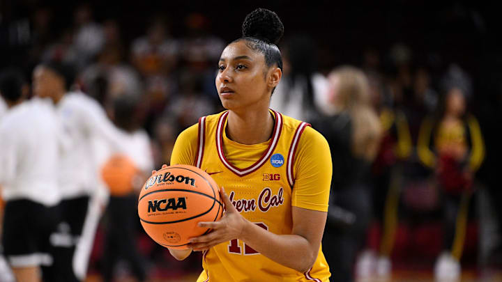 Mar 24, 2025; Los Angeles, California, USA; USC Trojans guard JuJu Watkins (12) during pregame warmups before an NCAA Tournament second round game against the Mississippi State Bulldogs at Galen Center. Mandatory Credit: Robert Hanashiro-Imagn Images Mar 24, 2025; Los Angeles, California, USA; USC Trojans guard JuJu Watkins (12) during pregame warmups before an NCAA Tournament second round game against the Mississippi State Bulldogs at Galen Center. Mandatory Credit: Robert Hanashiro-Imagn Images