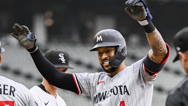 Minnesota Twins shortstop Carlos Correa celebrates after he singled during the third inning against the Chicago White Sox at Guaranteed Rate Field in Chicago on April 2, 2025. Minnesota Twins shortstop Carlos Correa celebrates after he singled during the third inning against the Chicago White Sox at Guaranteed Rate Field in Chicago on April 2, 2025.
