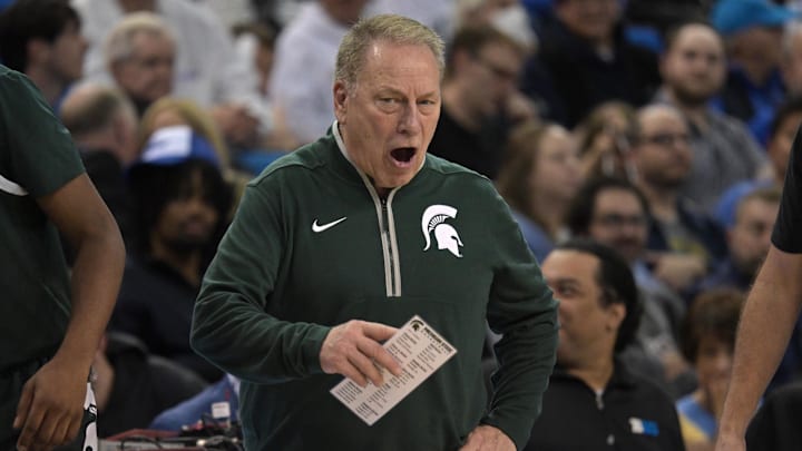 Feb 4, 2025; Los Angeles, California, USA; Michigan State Spartans head coach Tom Izzo reacts in the second half against the UCLA Bruins at Pauley Pavilion presented by Wescom. Mandatory Credit: Jayne Kamin-Oncea-Imagn Images