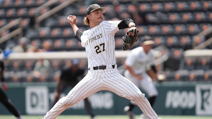 Wake Forest pitcher Luke Schmolke (27) pitches during a NCAA regional baseball game between Cincinnati and Wake Forest at Lindsey Nelson Stadium in Knoxville, Tenn., on May 30, 2025.