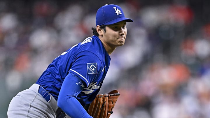 May 5, 2026; Houston, Texas, USA; Los Angeles Dodgers starting pitcher Shohei Ohtani (17) delivers a pitch in the first inning against the Houston Astros at Daikin Park. Mandatory Credit: Maria Lysaker-Imagn Images 