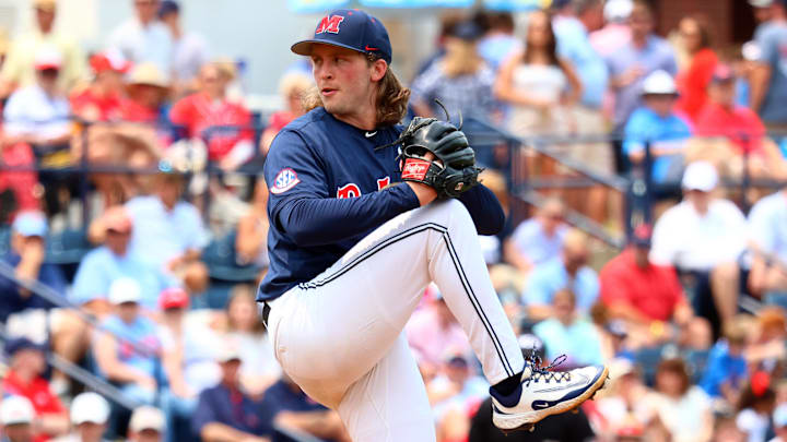 May 31, 2025; Oxford, MS, USA; Mississippi Rebels starting pitcher Hunter Elliott (26) pitches during the second inning against the Western Kentucky Hilltoppers. Mandatory Credit: Petre Thomas-Imagn Images
