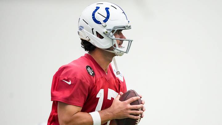 Indianapolis Colts quarterback Daniel Jones (17) prepares to throw the ball Wednesday, May 27, 2026, during practice at the Indiana Farm Bureau Football Center in Indianapolis.