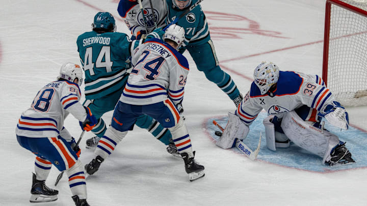 Feb 28, 2026; San Jose, California, USA; Edmonton Oilers goaltender Connor Ingram (39) makes a save against San Jose Sharks left wing Kiefer Sherwood (44) during the third period at SAP Center at San Jose. Mandatory Credit: Neville E. Guard-Imagn Images Feb 28, 2026; San Jose, California, USA; Edmonton Oilers goaltender Connor Ingram (39) makes a save against San Jose Sharks left wing Kiefer Sherwood (44) during the third period at SAP Center at San Jose. Mandatory Credit: Neville E. Guard-Imagn Images