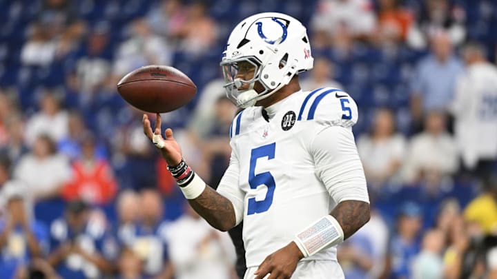 Sep 14, 2025; Indianapolis, Indiana, USA; Indianapolis Colts quarterback Anthony Richardson Sr. (5) warms up prior to the game against the Denver Broncos at Lucas Oil Stadium. Sep 14, 2025; Indianapolis, Indiana, USA; Indianapolis Colts quarterback Anthony Richardson Sr. (5) warms up prior to the game against the Denver Broncos at Lucas Oil Stadium.
