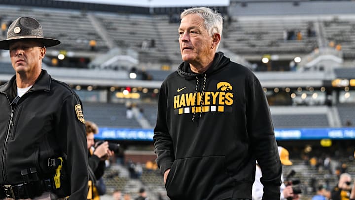 Oct 26, 2024; Iowa City, Iowa, USA; Iowa Hawkeyes head coach Kirk Ferentz walks off the field after a game against the Northwestern Wildcats at Kinnick Stadium. Oct 26, 2024; Iowa City, Iowa, USA; Iowa Hawkeyes head coach Kirk Ferentz walks off the field after a game against the Northwestern Wildcats at Kinnick Stadium.