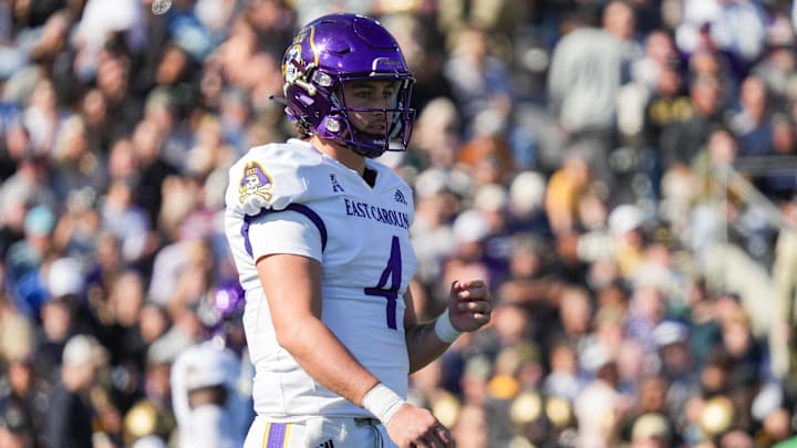 Oct 19, 2024; West Point, New York, USA; East Carolina Pirates quarterback Katin Houser (4) reacts during the second quarter against the Army Black Knights at Michie Stadium. Mandatory Credit: Lucas Boland-Imagn Images