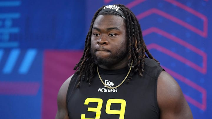 Feb 27, 2025; Indianapolis, IN, USA; Indiana defensive lineman CJ West (DL39) looks on during the 2025 NFL Combine at Lucas Oil Stadium. Mandatory Credit: Kirby Lee-Imagn Images Feb 27, 2025; Indianapolis, IN, USA; Indiana defensive lineman CJ West (DL39) looks on during the 2025 NFL Combine at Lucas Oil Stadium. Mandatory Credit: Kirby Lee-Imagn Images