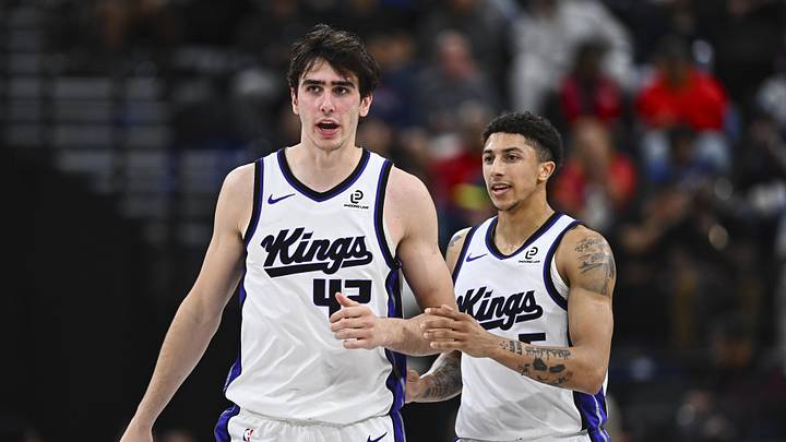 Mar 14, 2026; Inglewood, California, USA; Sacramento Kings center Maxime Raynaud (42) talks with guard Nique Clifford (5) during the second quarter at Intuit Dome.