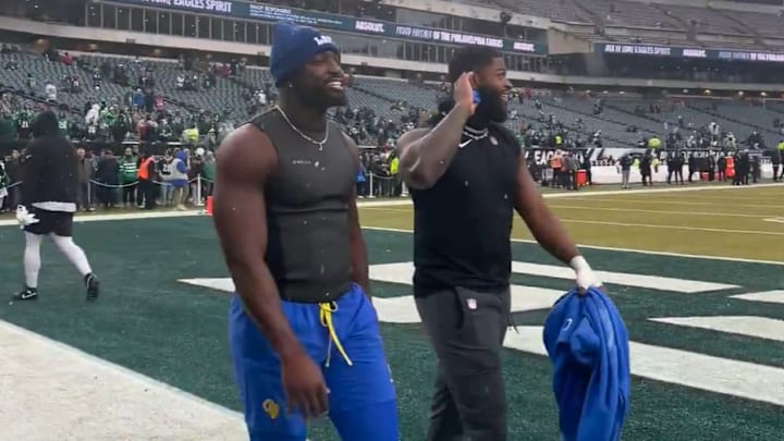 Los Angeles Rams defensive end Jared Verse eggs on Philadelphia Eagles fans ahead of their NFL divisional round game.