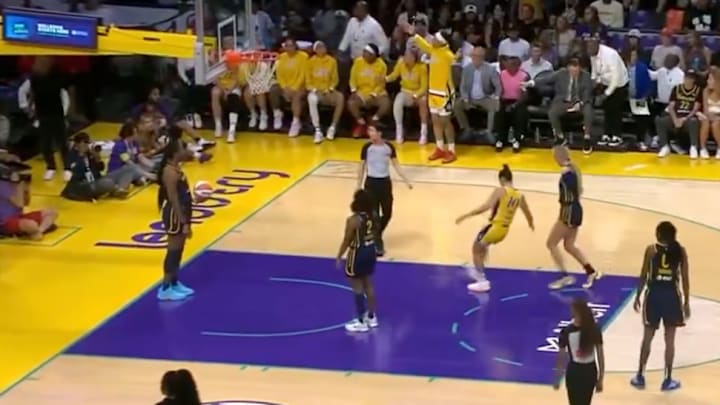 Sparks star Kelsey Plum kicks an object off the court during Tuesday night's game. 