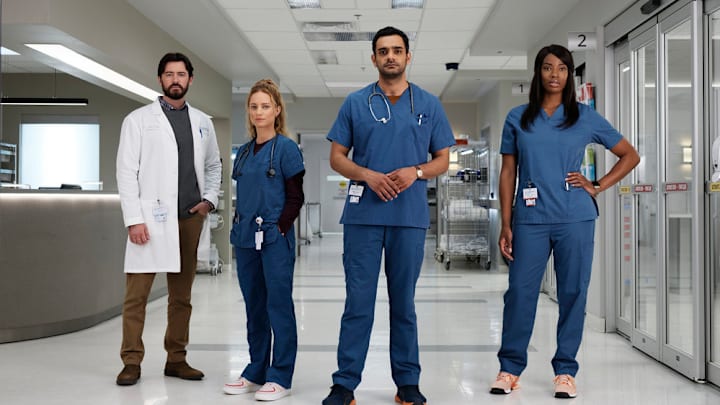 TRANSPLANT -- Season 3 Gallery -- Pictured: (l-r) Jim Watson as Dr. Theo Hunter, Laurence Leboeuf as Dr. Magalie Leblanc, Hamza Haq as Dr. Bashir Hamed, Ayisha Issa as Dr. June Curtis 