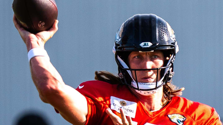 Jacksonville Jaguars quarterback Trevor Lawrence (16) warms up during an NFL training camp session ten at the Miller Electric Center, Tuesday, Aug. 5, 2025, in Jacksonville, Fla. [Doug Engle/Florida Times-Union]