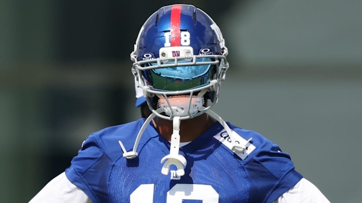 Jul 23, 2025; East Rutherford, NJ, USA; New York Giants wide receiver Darius Slayton (18) on the field during training camp at Quest Diagnostics Training Center. Mandatory Credit: Vincent Carchietta-Imagn Images