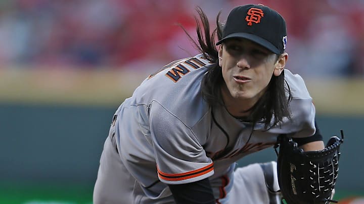 Oct. 10, 2012: The San Francisco Giants starting pitcher Tim Lincecum (55) works the mound against the Cincinnati Reds in game four of the National League Division Series at Great American Ball Park.