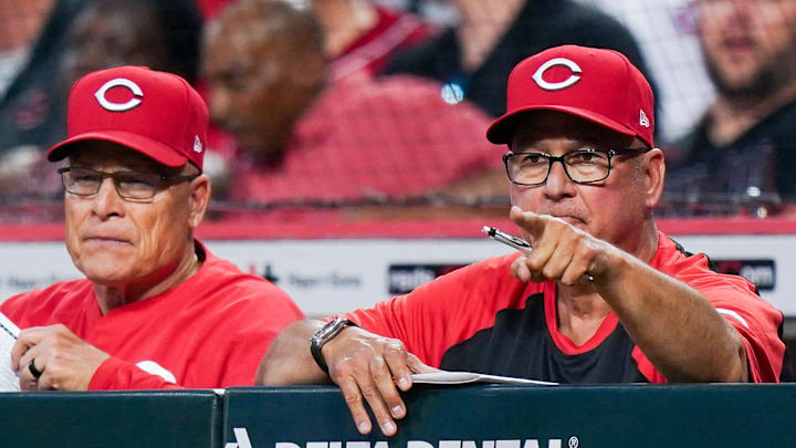 Cincinnati Reds manager Terry Francona (77) gestures to a player during the MLB game between the Cincinnati Reds and Milwaukee Brewers, Tuesday, June 3, 2025, at Great American Ball Park in Downtown Cincinnati. Cincinnati Reds manager Terry Francona (77) gestures to a player during the MLB game between the Cincinnati Reds and Milwaukee Brewers, Tuesday, June 3, 2025, at Great American Ball Park in Downtown Cincinnati.