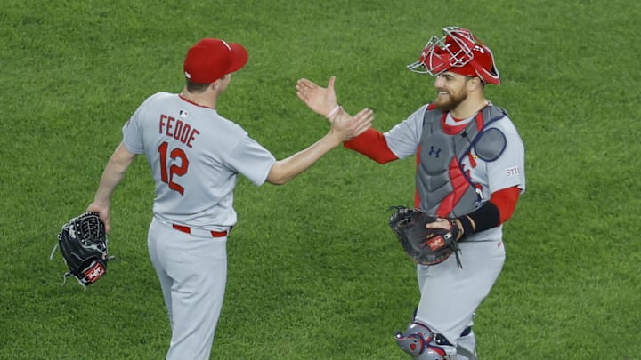 May 9, 2025; Washington, District of Columbia, USA; St. Louis Cardinals pitcher Erick Fedde (12) celebrates with Cardinals catcher Pedro Pagés (43) after throwing a complete game shutout against the Washington Nationals at Nationals Park. Mandatory Credit: Geoff Burke-Imagn Images May 9, 2025; Washington, District of Columbia, USA; St. Louis Cardinals pitcher Erick Fedde (12) celebrates with Cardinals catcher Pedro Pagés (43) after throwing a complete game shutout against the Washington Nationals at Nationals Park. Mandatory Credit: Geoff Burke-Imagn Images