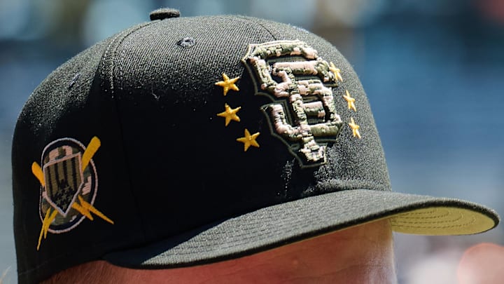May 19, 2024; San Francisco, California, USA; A baseball cap celebrating armed forces weekend is seen before the game between the San Francisco Giants and the Colorado Rockies at Oracle Park. 