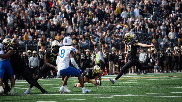 Kicker Connor Calvert (90) attempts a 54-yard field goal in the second quarter against the SMU Mustangs on Saturday, Oct 25, 2025, at Allegacy Federal Credit Union Stadium in Winston-Salem, North Carolina. | Evan Harris/Wake Forest On SI Kicker Connor Calvert (90) attempts a 54-yard field goal in the second quarter against the SMU Mustangs on Saturday, Oct 25, 2025, at Allegacy Federal Credit Union Stadium in Winston-Salem, North Carolina. | Evan Harris/Wake Forest On SI
