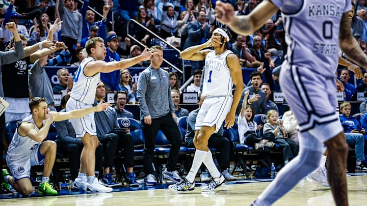 BYU Basketball's Trey Stewart celebrates a three against Kansas State BYU Basketball's Trey Stewart celebrates a three against Kansas State