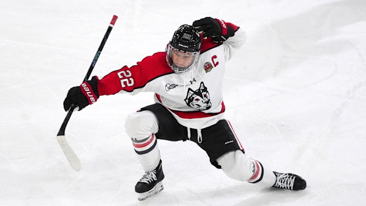 Northeastern defenseman Vinny Borgesi celebrates a goal to help lead a 3-2 overtime win at Massachusetts on Dec. 6, 2025. Northeastern defenseman Vinny Borgesi celebrates a goal to help lead a 3-2 overtime win at Massachusetts on Dec. 6, 2025.