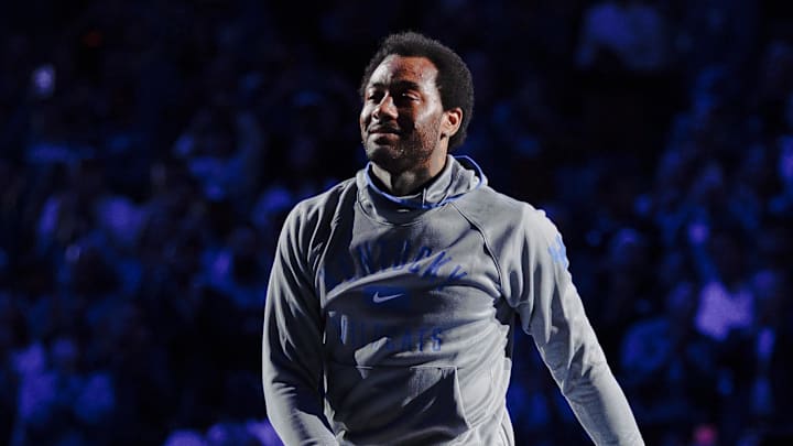 Nov 28, 2023; Lexington, Kentucky, USA; Former Kentucky Wildcats and NBA player John Wall is recognized during the second half between the Kentucky Wildcats and the Miami (Fl) Hurricanes at Rupp Arena at Central Bank Center. Mandatory Credit: Jordan Prather-USA TODAY Sports