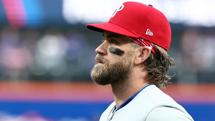 Philadelphia Phillies first baseman Bryce Harper (3) looks on before game three against the New York Mets in the NLDS for the 2024 MLB Playoffs at Citi Field.
