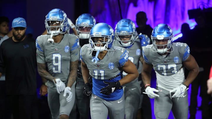 Lions receivers take the field before the game against the Raiders on Monday, Oct. 30, 2023, at Ford