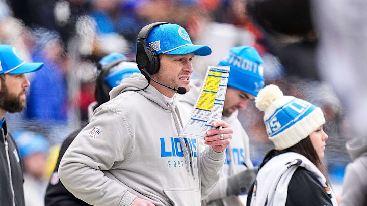 Detroit Lions offensive coordinator Ben Johnson watches a play against the Chicago Bears during the first half at Soldier Field in Chicago on Sunday, Dec. 22, 2024.