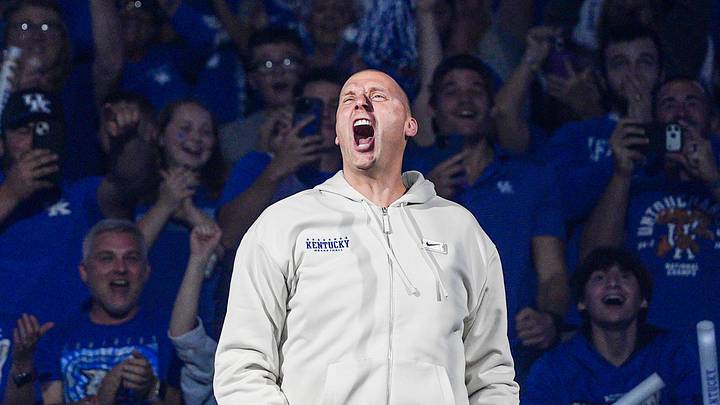Kentucky Wildcats head coach Mark Pope being introduced at the 2025 Big Blue Madness at Rupp Arena in Lexington, Kentucky Saturday, Oct. 11, 2025.