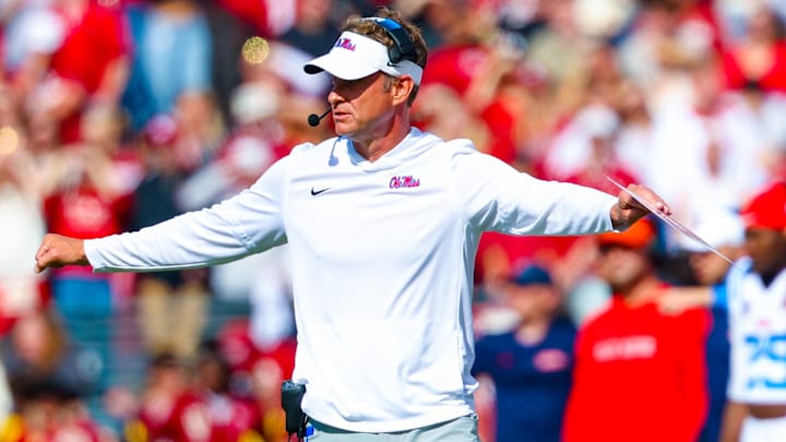 Oct 25, 2025; Norman, Oklahoma, USA;  Ole Miss Rebels head coach Lane Kiffin reacts during the second half against the Oklahoma Sooners at Gaylord Family-Oklahoma Memorial Stadium. Mandatory Credit: Kevin Jairaj-Imagn Images