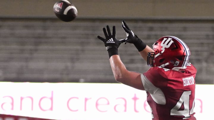 Indiana tight end Zach Horton (44) catches a pass during the spring game at Memorial Stadium. Indiana tight end Zach Horton (44) catches a pass during the spring game at Memorial Stadium.