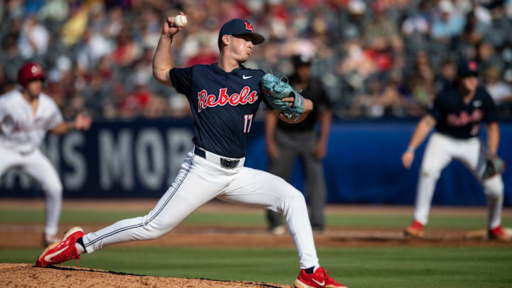 Ole Miss Rebels' Will McCausland (17) pitches as Arkansas Razorbacks take on Ole Miss Rebels during the SEC baseball tournament at Hoover Met in Birmingham, Ala., on Friday, May 23, 2025. Ole Miss Rebels defeated Arkansas Razorbacks 5-2.