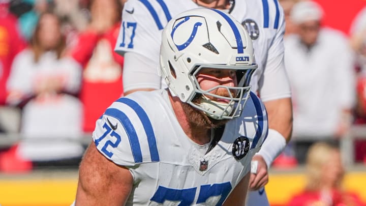 Nov 23, 2025; Kansas City, Missouri, USA; Indianapolis Colts offensive tackle Braden Smith (72) lines up against the Kansas City Chiefs during the game at GEHA Field at Arrowhead Stadium. Mandatory Credit: Denny Medley-Imagn Images