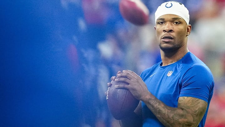 Indianapolis Colts quarterback Anthony Richardson (5) warms up Sunday, Nov. 10, 2024, during a game against the Buffalo Bills at Lucas Oil Stadium in Indianapolis.