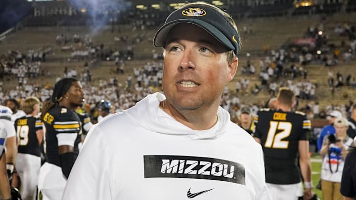Sep 7, 2024; Columbia, Missouri, USA; Missouri Tigers head coach Eli Drinkwitz on field after the win over the Buffalo Bulls at Faurot Field at Memorial Stadium. Mandatory Credit: Denny Medley-Imagn Images