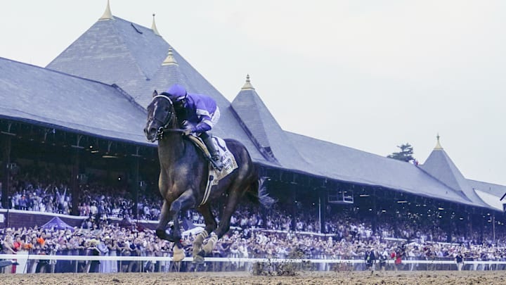Jun 7, 2025; Saratoga, NY, USA; Sovereignty with Junior Alvarado up wins the Belmont Stakes at Saratoga Race Course. Jun 7, 2025; Saratoga, NY, USA; Sovereignty with Junior Alvarado up wins the Belmont Stakes at Saratoga Race Course.