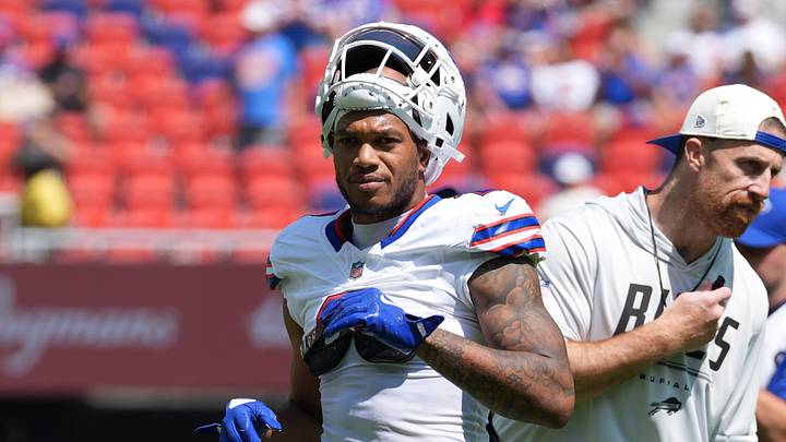 Aug 15, 2026; Orchard Park, New York, USA; Buffalo Bills wide receiver DJ Moore (2) prior to the game between the Carolina Panthers and Buffalo Bills Aug 15, 2026; Orchard Park, New York, USA; Buffalo Bills wide receiver DJ Moore (2) prior to the game between the Carolina Panthers and Buffalo Bills
