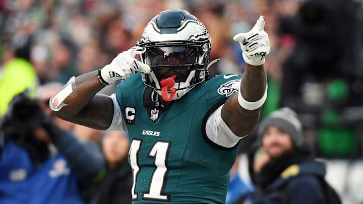 Jan 26, 2025; Philadelphia, PA, USA; Philadelphia Eagles wide receiver A.J. Brown (11) reacts after a play against the Washington Commanders during the first half in the NFC Championship game at Lincoln Financial Field. Mandatory Credit: Eric Hartline-Imagn Images Jan 26, 2025; Philadelphia, PA, USA; Philadelphia Eagles wide receiver A.J. Brown (11) reacts after a play against the Washington Commanders during the first half in the NFC Championship game at Lincoln Financial Field. Mandatory Credit: Eric Hartline-Imagn Images