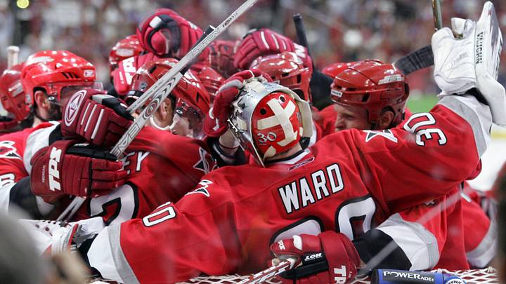 June 1, 2006; Raleigh, NC, USA; Carolina Hurricanes  team congratulate goaltender (30) Cam Ward as the Carolina Hurricanes defeated the Buffalo Sabres 4-2 in game 7 of the NHL Eastern Conference Final at the RBC Center.  Mandatory Credit: James Guillory-USA TODAY Sports Copyright (c) 2006 James Guillory