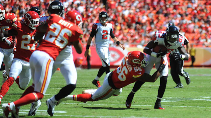 September 09, 2012; Kansas City, MO, USA; Atlanta Falcons wide receiver Harry Douglas (83) is tackled by Kansas City Chiefs linebacker Derrick Johnson (56) in the second half of the game at Arrowhead Stadium. The Falcons won 40-24. Mandatory Credit: Denny Medley-Imagn Images September 09, 2012; Kansas City, MO, USA; Atlanta Falcons wide receiver Harry Douglas (83) is tackled by Kansas City Chiefs linebacker Derrick Johnson (56) in the second half of the game at Arrowhead Stadium. The Falcons won 40-24. Mandatory Credit: Denny Medley-Imagn Images