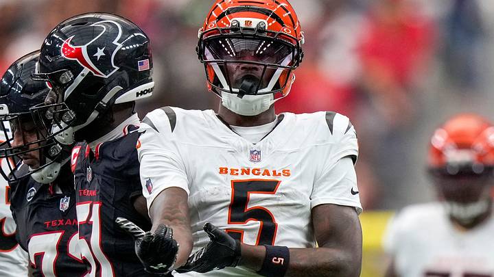Cincinnati Bengals wide receiver Tee Higgins (5) celebrates a first down reception in the second quarter of the NFL Week 2 game between the Houston Texans and the Cincinnati Bengals at Reliant Stadium in Houston on Sunday, Sept. 20, 2026. The Bengals led 7-3 at halftime.