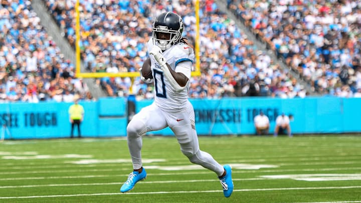 Sep 15, 2024; Nashville, Tennessee, USA;  Tennessee Titans wide receiver Calvin Ridley (0) against the New York Jets during the first half at Nissan Stadium.
