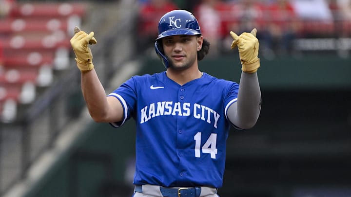 Jun 5, 2025; St. Louis, Missouri, USA; Kansas City Royals right fielder Jac Caglianone (14) reacts after hitting a one run double against the St. Louis Cardinals for his first Major League hit during the fourth inning at Busch Stadium. Mandatory Credit: Jeff Curry-Imagn Images Jun 5, 2025; St. Louis, Missouri, USA; Kansas City Royals right fielder Jac Caglianone (14) reacts after hitting a one run double against the St. Louis Cardinals for his first Major League hit during the fourth inning at Busch Stadium. Mandatory Credit: Jeff Curry-Imagn Images