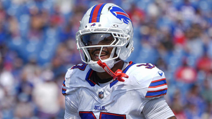 Buffalo Bills defensive back Jordan Hancock (37) reacts to intercepting a pass against the New York Giants  only to have it nullified by a penalty during the second half at Highmark Stadium.