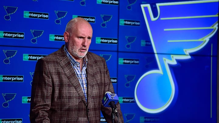Feb 18, 2020; St. Louis, Missouri, USA;  St. Louis Blues general manager Doug Armstrong talks with the media about the acquisition of defenseman Marco Scandella from the Montreal Canadians prior to a game against the New Jersey Devils at Enterprise Center. Mandatory Credit: Jeff Curry-Imagn Images