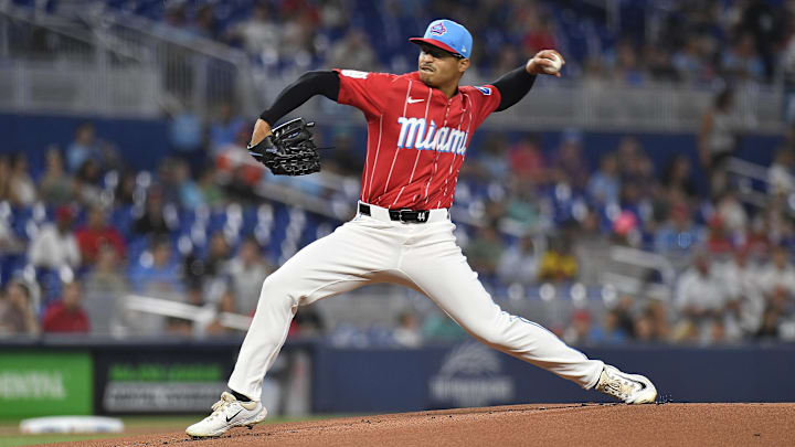May 11, 2024; Miami, Florida, USA;  Miami Marlins starting pitcher Jesus Luzardo throws against the Philadelphia Phillies during the first inning at loanDepot Park. Mandatory Credit: Michael Laughlin-Imagn Images